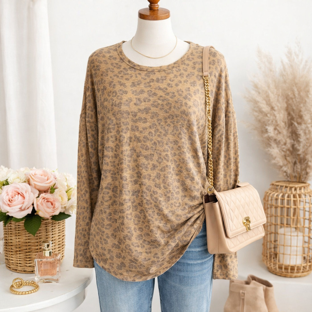 Buffalo David Bitton Cheetah/Leopard Print Long Sleeve Knit Top | Size Small